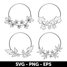 four circular frames with leaves and flowers