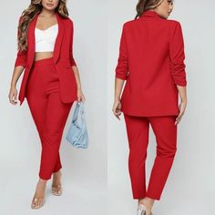 Look Stylish And Professional In This Chic Womens Pants Suit! Crafted With A Beautiful Red Hue, This Ensemble Features An Open Front And Brings Sophistication To Any Outfit. With A Versatile Look That Is Perfect For Both Casual And Formal Occasions, You Will Love Styling The Pieces Of This Pant Suit Together Or Separately. The Bright Red Color Exudes Subtle Sophistication For A Timeless Look That Can Never Go Wrong. Elevate Your Wardrobe With This Timeless Addition. - Red -Open Front -Womens Pan Red Sets With Pockets For Spring, Red Spring Sets With Pockets, Tailored Red Bottoms For Business Casual, Red Pantsuit With Trousers For Formal Occasions, Chic Red Suits For Fall, Elegant Red Pantsuit With Straight Pants, Red Elegant Pantsuit, Red Office Pantsuit With Pockets, Red Long Sleeve Office Wear Set