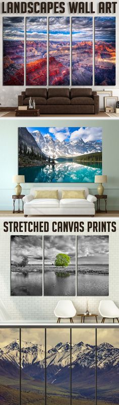 an image of a living room with mountains in the background and text that reads landscape wall art stretched canvas prints