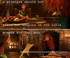 the princess and the frog are talking to each other in front of a table with bread