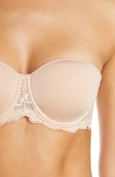 Elegant lace trim underlines the seamless contour cups and covers the wings of a plunge-neck strapless bra that offers great coverage and versatility. Removable straps 53% polyester, 30% polyamide, 17% elastane Hand wash, line dry Imported Lingerie Satin Bra, Street Style Parisian, Bra Models, Simone Perele, Accessories Style, The Wings, Strapless Bra, Underwire Bra, Unique Fashion