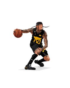 a basketball player in black and yellow uniform holding a ball with his right hand on the ground