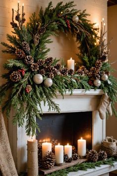 a mantel with candles, pine cones and wreaths on it in front of a fireplace