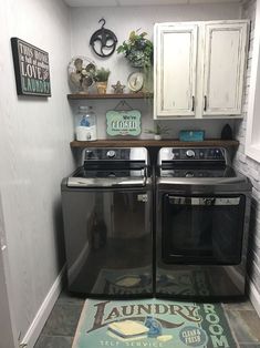 the laundry room is clean and ready to be used as a washer and dryer