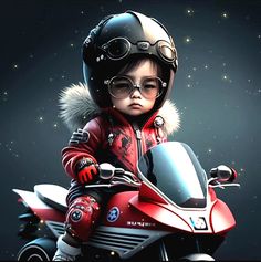 a small child wearing glasses and a helmet on a motorcycle with stars in the background