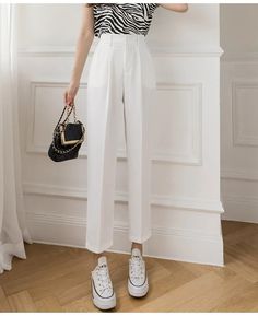 Korean Style Casual High Waist Suit Pants Women – Queencloth White Pants With Welt Pockets For Summer, White Wide Leg Pants For Spring Office Wear, Spring White Wide Leg Office Pants, Business Casual White Long Pants, Casual White Dress Pants With Pockets, White Long Pants For Business Casual, White Wide Leg Pants For Business Casual In Spring, White Ankle-length Dress Pants For Summer, White Business Casual Pants For Summer