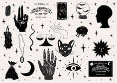 an assortment of hand and eye related items on a white background with stars, moon, and other symbols