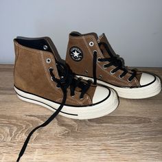 Brand New, Brown Converse, Size 3.5 Fit Like A 5,5.5 Women’s Brown High-top Sneakers With Vulcanized Sole For Outdoor, Casual Brown High-top Sneakers For Outdoor, Brown Casual Lace-up High-top Sneakers, Brown Lace-up High-top Sneakers, Casual Brown Lace-up High-top Sneakers, Brown Urban High-top Sneakers With Round Toe, Brown Suede High-top Sneakers For Streetwear, Converse Suede Lace-up Sneakers, Casual Brown High-top Sneakers With Cushioned Footbed