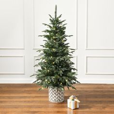 a small christmas tree in a pot on the floor