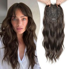 PRICES MAY VARY. 【Enjoy Your New Hairstyle】If you're tired of your current hairstyle and want a quick change, this long wavy hair topper is a great choice. It can instantly add volume and fullness, creating a elegant and sleek look. And this is a super easy fix for thinning hair, gray hair, high hairline, damaged hair that has always bothered you. 【Ready to Wear】This hair toppers for women is pre-styled. Sleek, natural, modern textures and bangs create a beauty for you that gets a lot of complim Hair Toppers For Thinning Hair, Hair Toppers For Women, Hair Pieces For Women, Clip In Bangs, Hair Gray, Hair Topper, Front Hair Styles, Clip In Hair, Hair Toppers