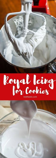 a spoon pouring liquid into a bowl with the words royal icing for cookies on it