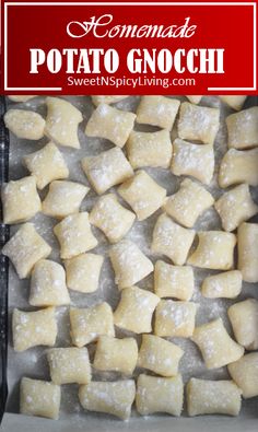 homemade potato gnocchi in a baking pan with text overlay that says homemade potato gnocchi