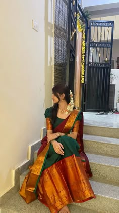 Telugu traditional wear, langa voni Indian Wedding Outfits South Indian, Desi Party Wear Dresses, Saree Styles South Indian, Langa Voni Aesthetic, Traditional Langa Voni, South Indian Saree Photoshoot, South Indian Langa Voni, Telugu Saree Look, Traditional Fits Aesthetic