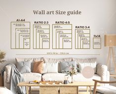 the wall art size guide is displayed in this living room