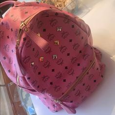 Mcm Pink Bookbag. Preowned + Dust Bag. Authentic Designer Tote Backpack For Errands, Designer Shoulder Bag Backpack For Shopping, Designer Shoulder Bag Backpack, Designer Backpack With Removable Pouch, Designer Backpack Shoulder Bag For Shopping, Designer Backpack Satchel For Daily Use, Luxury Backpack Satchel For Shopping, Designer Backpack For Daily Use, Designer Shoulder Bag Backpack For Daily Use