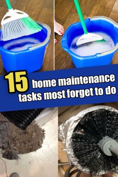 four pictures showing different ways to clean and maintain the floor with brooms in buckets