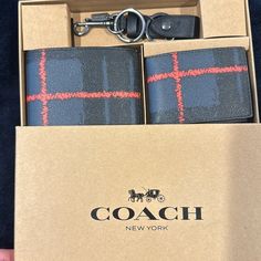 Coach Navy Plaid Wallets And Leather Ball Leather Keychain. All Included In Gift Box Nwt Designer Coach Wallets, Coach Bifold Wallet As Gift, Coach Wallets With Rfid Blocking As Gift, Gift Box For Men, Leather Money Clips, Money Clips, Coach New York, Billfold Wallet, S Monogram