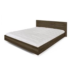 the bed frame is made with wood and white sheets