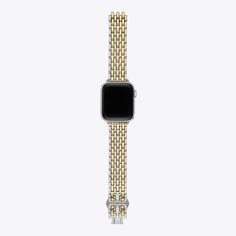 Made exclusively for your Apple Watch®, the Eleanor band features two-tone stainless steel and Double T lugs. Designed to sit comfortably on your wrist, it is perfect for everyday wear. To attach, push the quick-release button on the back of the watch to slide out and replace the existing band. Nice Apple Watch Bands, Apple Watch Fashion Women, December Goals, Matchstick Earrings, Tory Burch Eleanor, Apple Watch Bands Women, Apple Watch Fashion, Womens Designer Watches, Barrel Bag