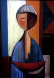 a painting of a woman with a hat on her head