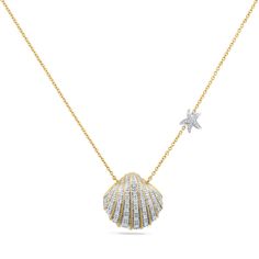 Seashells and starfish are must-haves for any mermaid. If you must stay away from the sea, do it in style with this 14K Seashell Pendant. This design features as a gold shell with crisp clean lines with diamonds and diamond-encrusted starfish on 18 inch chain. METAL Metal: 14K Yellow Gold DIMENSIONS 18mm Long & 19mm Wide Pendant STONES Diamonds TDW 0.20CT Seashell Jewellery, Seashell Pendants, Seashell Jewelry, Shell Pendant, Cable Chain, Stone Pendants, Diamond Pendant, Starfish, Clean Lines