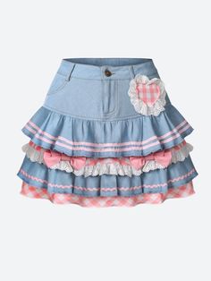 This denim mini skirt captures the kawaii aesthetic with its plaid layers, ruffle design, and heart-shaped plaid detail. Adorned with ribbons, lace, and bows, along with belt loops, it's a playful and stylish piece for casual or streetwear outfits. Kawaii aesthetic Plaid layer details Ruffle design Heart shaped plaid detail at front Ribbon & lace details Bows on skirt Belt loop details A-line Button & zip fastening Double pockets at front Cotton, polyester Cute Cotton Mini Skirt With Ruffles, Ruffled Mini Length Denim Skirt, Cotton Ruffled Mini Denim Skirt, Ruffled Cotton Denim Mini Skirt, Cute Cotton Ruffled Skort, Cute Cotton Skort With Ruffles, Cute High Waist Denim Skirt, Cotton Denim Mini Skirt With Ruffles, Cute Plaid Skirt For Spring