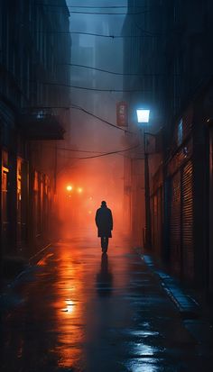 a person walking down a street at night