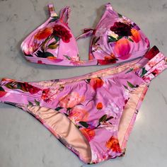 Nwot Floral Bikini From Victoria’s Secret Size Medium Removable Pads Victoria's Secret Floral Beachwear Swimwear, Victoria's Secret Floral Print Summer Swimwear, Victoria's Secret Fitted Swimwear For Spring, Victoria's Secret Floral Print Beachwear, Fitted Victoria's Secret Swimwear For Spring, Victoria's Secret Fitted Summer Bottoms, Victoria's Secret Pink Bottoms For Vacation, Victoria's Secret Floral Print Swimwear For Beach Season, Victoria's Secret Bottoms For Spring Vacation