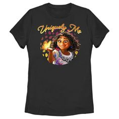 Join the Madrigal family for some magical and musical fun in the mountains of Colombia in Disney's new hit film Encanto! This fun officially licensed Women's Mirabel Uniquely Me Tee features an adorable, colorful graphic of Mirabel holding a golden butterfly along with the phrase "Uniquely Me." Grab this new tee today and show your love for your new favorite Disney movie! Color: Black.  Gender: female.  Age Group: adult. Madrigal Family, Golden Butterfly, Butterfly Graphic, Disney Movie, Slim Fit Shorts, In The Mountains, Graphic Tees Women, Black Media, Body Fit