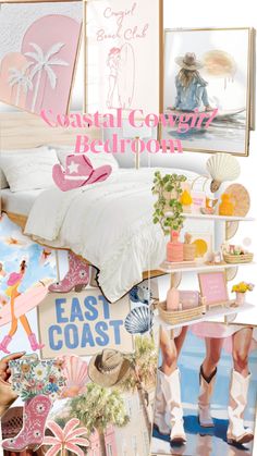 Pink Coastal Cowgirl Beachy Cowgirl Bedroom, Bright Coastal Bedroom, Pink Cowgirl Room Ideas, Coastal Cowgirl Bedroom Ideas, Coastal Cowgirl Dorm Room Ideas, Costal Cowgirl Rooms, Coastal Cowgirl Dorm Room, Coastal Cowgirl Interior Design, Coastal Granddaughter Dorm