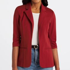 Nwt! Versatile Woman Blazer In Burgundy. Elevate Your Office Look With This 41 Hawthorn Leena Unlined Open Front Ponte Blazer. A Versatile Blazer That Pairs Well With Everything From Slacks To Skirts, This Blazer Also Features A Button Closure And A Classic Cut. Materia- 66% Rayon, 30% Nylon, 4% Spandex A-129 Fitted Burgundy Blazer For Work, Fitted Burgundy Outerwear For Business Casual, Fall Burgundy Office Blazer, Fall Office Burgundy Blazer, Burgundy Fall Office Blazer, Burgundy Blazer For Workwear In Fall, Chic Burgundy Blazer For Workwear, Red Casual Blazer For Business Casual, Casual Red Outerwear For Business Casual