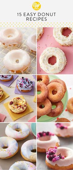 an assortment of donuts with different frosting and sprinkles