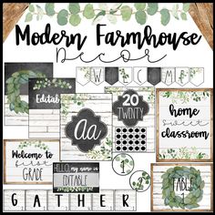 the modern farmhouse house sign is surrounded by greenery and chalkboard signs that say welcome to each other