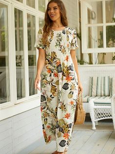 Yellow Floral Print Casual Round Neck Short Sleeve Maxi Dress Casual Pleated Summer Dresses, Casual Maxi Length Floral Dress, Printed Relaxed Fit Dresses For Day Out, Pleated Relaxed Fit Dress For Spring, Relaxed Fit Printed Dress For Day Out, Casual Pleated Midi Dress For Vacation, Casual Non-stretch Maxi Dress For Garden Party, Relaxed Fit Floral Print Dresses For Day Out, Casual Pleated Spring Dress