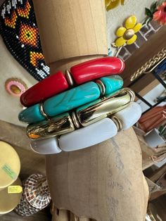 Acrylic Tube Curved Bead Stretch Bracelet Gold Accents Available In 7 Colors OSFM Acrylic Tube Bead Bracelet, Clothespin Diy Crafts, Tube Bead Bracelet, Clothespins Diy, You're So Golden, Turquoise Decor, Acrylic Tube, Kids Graphics, Wild Rag