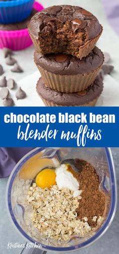 chocolate black bean blender muffins are stacked on top of each other