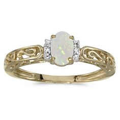 Oval Opal & Diamond Filigree Antique Style Ring 14k Yellow Gold - Allurez.com Opal And Diamond Ring, August Birthstone Ring, Antique Style Rings, Garnet And Diamond Ring, June Birthstone Ring, Pearl Engagement Ring, Peridot Jewelry, Amethyst And Diamond Ring, Peridot Necklace