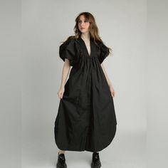 Black Smocked Puff Sleeve Midi-Maxi Dress. Bnwt