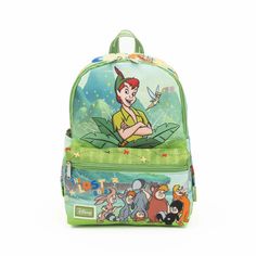 Take your stuff with you with this colorful nylon day pack by WondaPop featuring Disney's Peter Pan. Peter Pan with Tinkerbell at his side looks out at us commanding authority while the Lost Boys are displayed on the front pocket. "Peter Pan" is boldly displayed across the top of the bag. The bag is covered with images from the Disney film and it has two side pockets with a special appearance from Captain Hook. The back of the bag shows Peter with the Darling family in flight off to an adventure Disney Multicolor Backpack With Character Print, Disney Multicolor Backpack For Back To School, Disney Style Multicolor Backpack With Character Print, Green Disney School Backpack, Disney Green Travel Backpack, Disney Multicolor Standard Backpack, Green Disney Travel Backpack, Green Disney Backpack For Travel, Disney Style Multicolor Standard Backpack