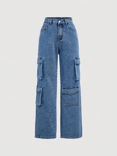 Teen Girls' Pocket Design Fashionable Daily Wear Jeans Dark Wash    Denim Plain Wide Leg Non-Stretch  Teen Girls Clothing, size features are:Bust: ,Length: ,Sleeve Length: Shein Outfits, Cute Pants, Jeans Cargo, Easy Trendy Outfits, Cute Jeans, Girls Denim, Really Cute Outfits, Cargo Jeans