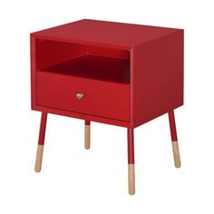 a red nightstand with wooden legs and a drawer on one side, in front of a white background