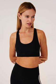 A stylish new addition to our airweight collection, this racer back bra boasts irresistible comfort and contrast stripe detail. Ultra luxe Airweight is feather light and buttery soft on your skin. BEST FOR: hot yoga, barre, Pilates. Model is 5’10” and wears a size small. Racerback Bra For Pilates, Light Support Racerback Bra For Yoga, Racerback Yoga Bra With Light Support, Black Bra For Pilates With Light Support, Sporty Compressive Black Bra, Sporty Racerback Yoga Bra, Black Bra For Pilates, Black Racerback Functional Bra, Functional Black Racerback Bra