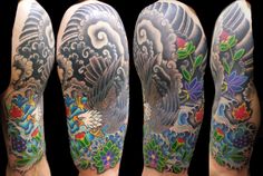 tattoos on the arms and legs of men with flowers, birds and clouds in them