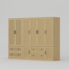 a large wooden cabinet with drawers and doors on the bottom shelf, in front of a gray background