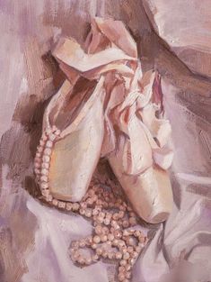 a painting of ballet shoes and pearls