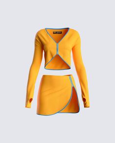 Riley Radiating Set Trendy Yellow Long Sleeve Crop Top, Orange Two-piece Set For Spring, Fendi Outfit, Ball Of Light, Orange Mini Skirt, High Waist Sports Leggings, 2000s Fashion Trends, Orange Fits, Mini Skirt Set