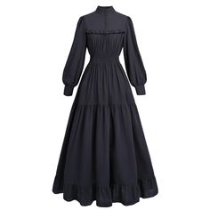 PRICES MAY VARY. FEATURES: The black gothic victorian dress features high necklines, long sleeve, ruffle details and hemline.The smocked waist enhances the Victorian rococo dress, making it suitable for plus size women. Featuring functional buttons on the front and sleeve cuffs, this womens victorain dress is not only elegant but also easy to put on and take off. COTTON FABRIC: The black renaissance dress is made of 100% cotton. It is soft, breathable and skin-friendly. It maybe a a little wrink 1910 Black Dress, Black Dresses With Long Sleeves, Black Fall Formal Dress, Modest Witch Costume, Gothic Edwardian Fashion, Katrina Van Tassel Costume, 1800’s Dresses, Poor Victorian Clothes, Simple Goth Fashion