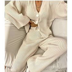 Autumn And Winter New Casual Sweater Knitted Cardigan Pants Two-Piece Set For Women Casual Ribbed Sets For Fall, Winter Beige Cotton Set, Beige Knit Loungewear Sets, Casual White Knit Sets, Fall Cotton Loungewear Sets, Winter Ribbed Loungewear Sets, Ribbed Loungewear Sets For Winter, Fall Cotton Lounging Sets, Cotton Lounging Sets For Fall