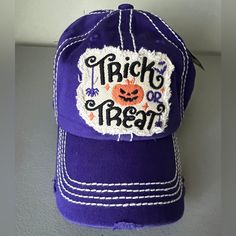 Kbethos Brand Halloween Trick Or Treat Pumpkin Baseball Cap Hat Purple Fully Adjustable By Velcro Distressed Super Cute!! Casual One Size Hats For Halloween, Casual One Size Halloween Hats, Casual One-size Hats For Halloween, Adjustable Purple Halloween Hat, Purple Halloween Costume Hat, Purple Snapback Baseball Cap, Purple Baseball Cap One Size, Purple Trucker Hat With Curved Brim, One Size, Purple Trucker Hat With Curved Brim