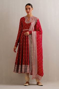 Berry red anarkali with silver and gold sequin, aari, zari embroidery in stripe pattern. Paired with cotton cream churidar and dupatta. - Aza Fashions Red Anarkali Suits, Red Anarkali, Zari Embroidery, Zari Work, Anarkali Suit, Churidar, Gold Sequin, Set For Women, Anarkali